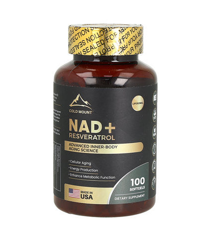 Suplemento dietético que combina NAD+ y Resveratrol en formato de cápsulas.