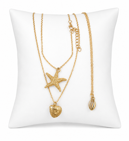 Collar Doble en Color Dorado con Dices de Estrella de Mar, Concha Marina y Caracola, Estilo Playero para Mujer.