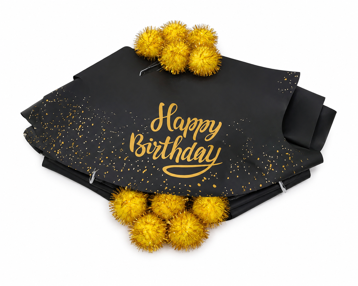 Envoltura decorativa para regalo de cumpleaños con pompones dorados y diseño Happy Birthday.