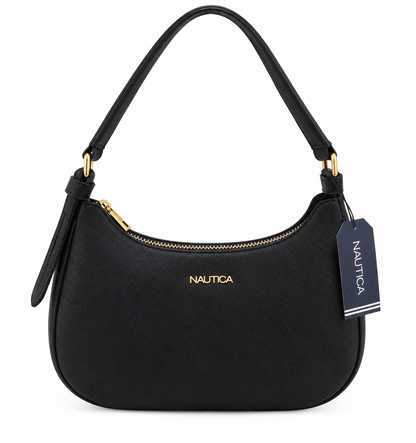 Bolso de Hombro Negro con Cierre de Cremallera y Herrajes Dorados.