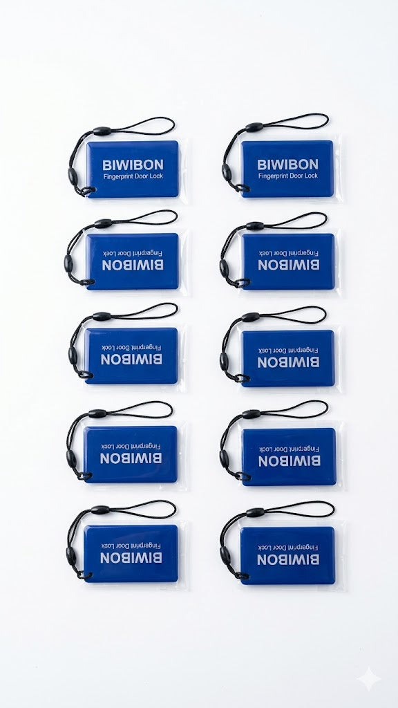 Tarjetas azules son llaveros RFID diseñados para cerraduras inteligentes.