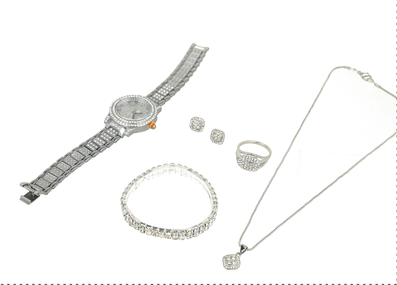 Conjunto de joyería con reloj de cuarzo de aleación, collar, aretes, anillo y pulsera, todo adornado con diamantes de imitación.