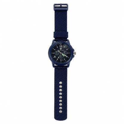 Reloj de pulsera azul oscuro con correa ajustable y esfera multifunción.