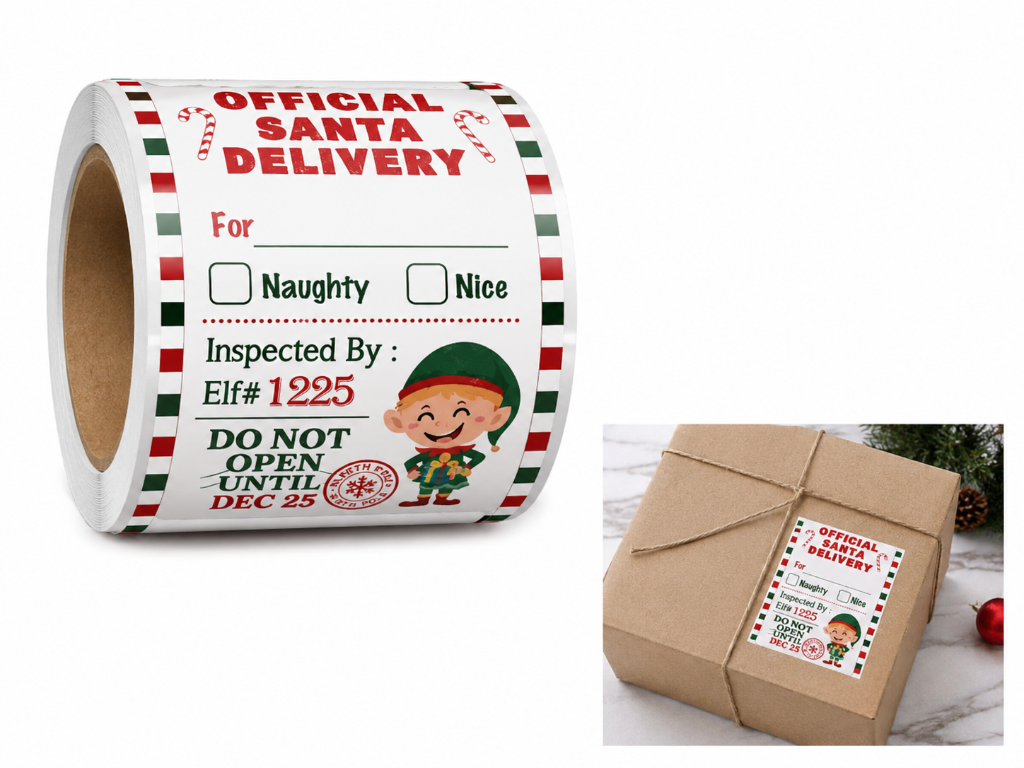 Etiquetas Adhesivas Navideñas para Regalos Diseño Entrega de Santa Claus en Rollo.
