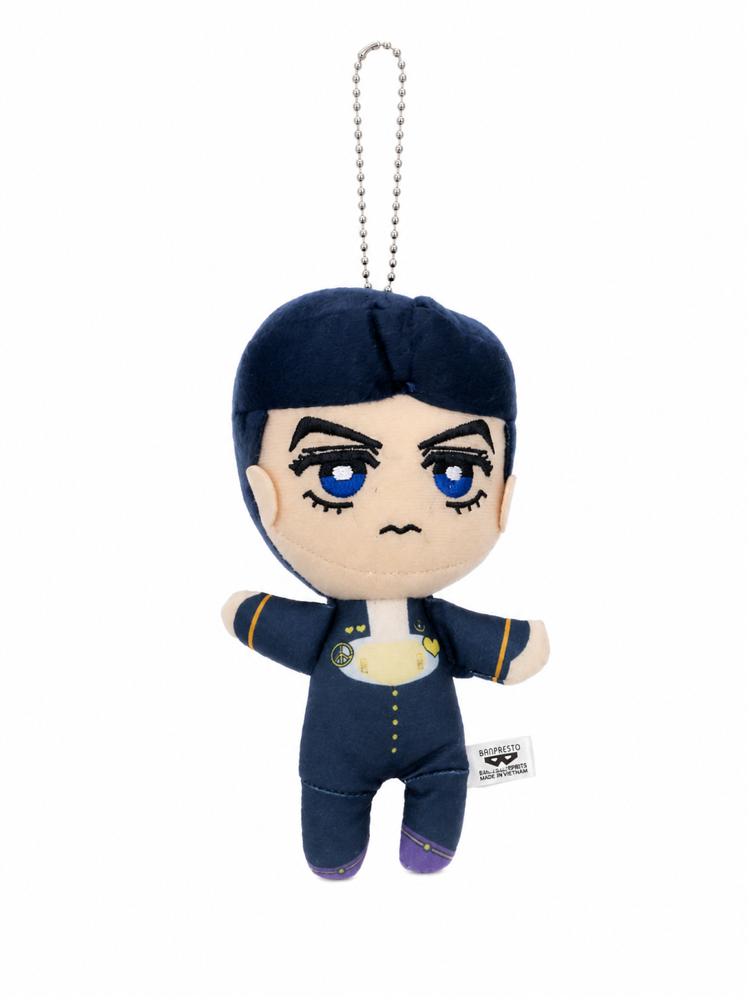 Llavero de peluche con diseño de personaje de cabello azul y uniforme azul oscuro.