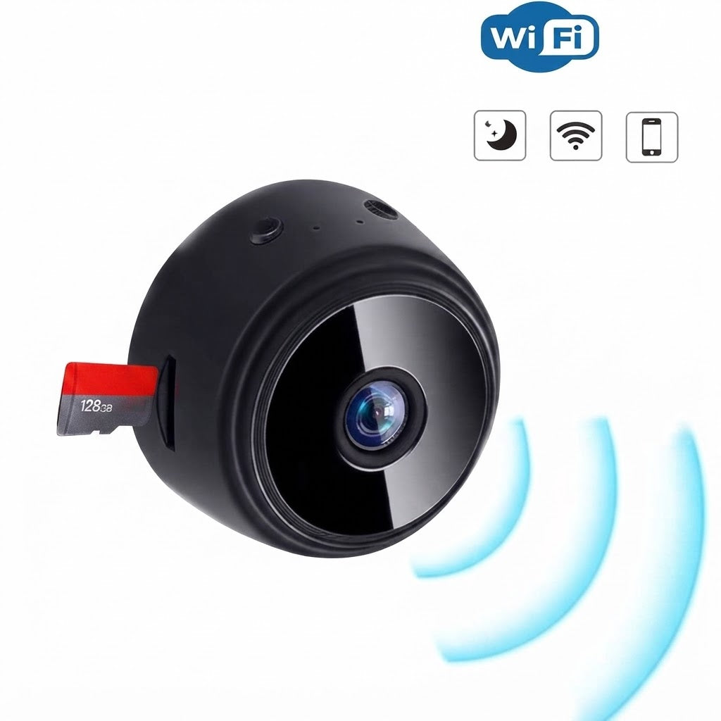 Dispositivo de videovigilancia inalámbrico compacto y portátil.