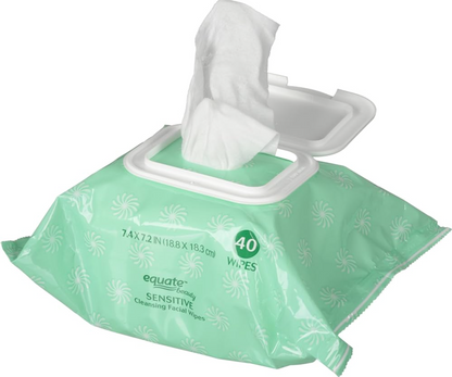 Equate Sensitive Cleansing Facial Wipes, 40 pre-moistened towelettes 7.4 x 7.2 in
