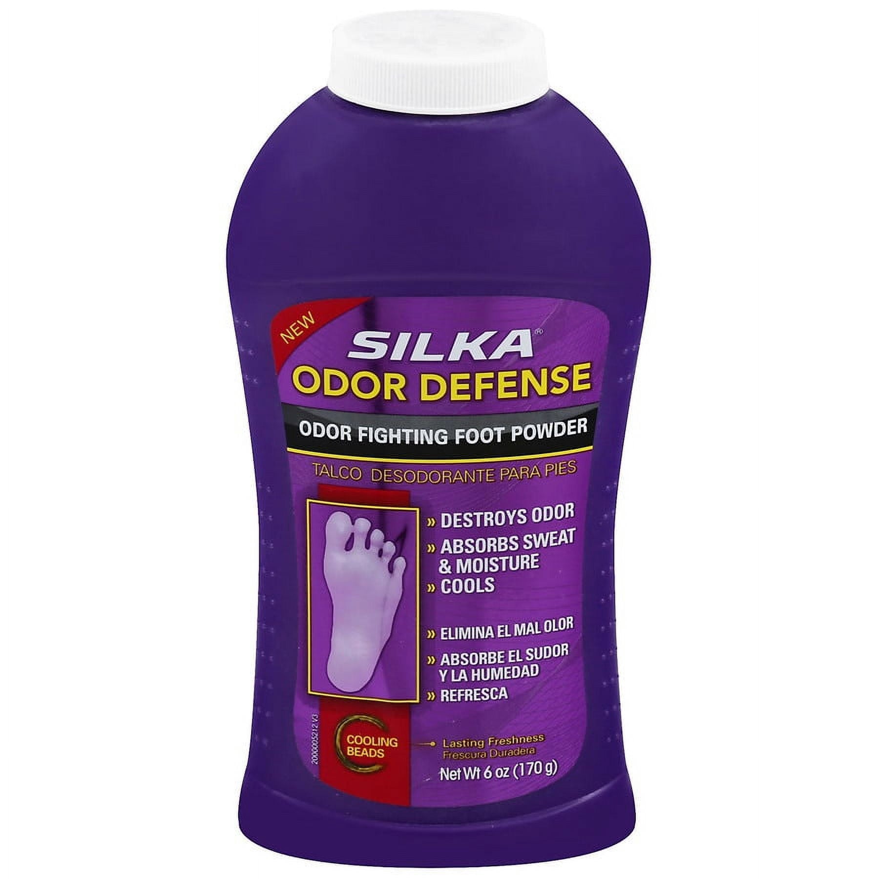 Talco desodorante para pies de 6 onzas con perlas refrescantes en color morado.