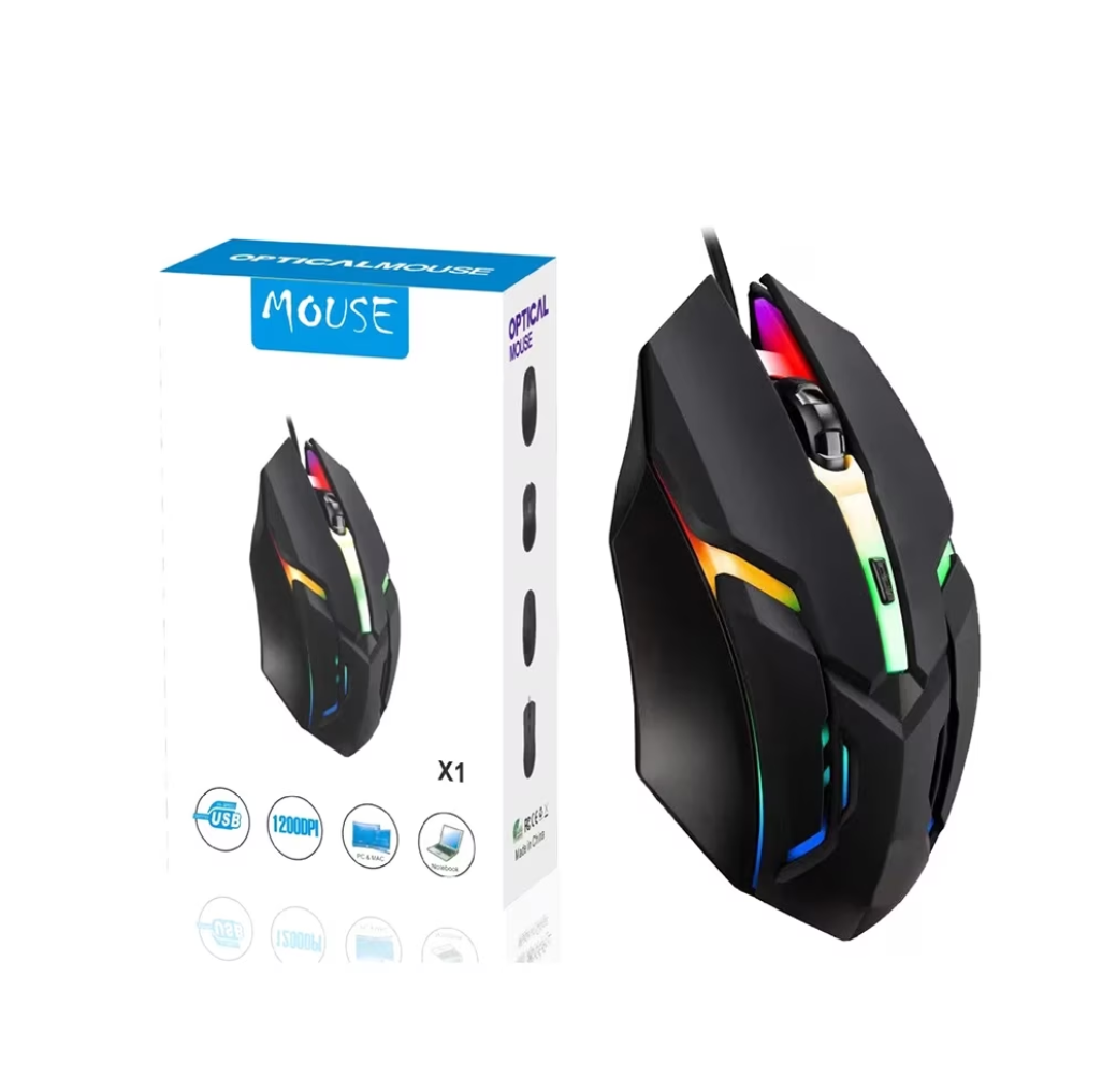 Ratón óptico alámbrico para juegos genérico, modelo X1, con conexión USB y luces LED decorativas.
