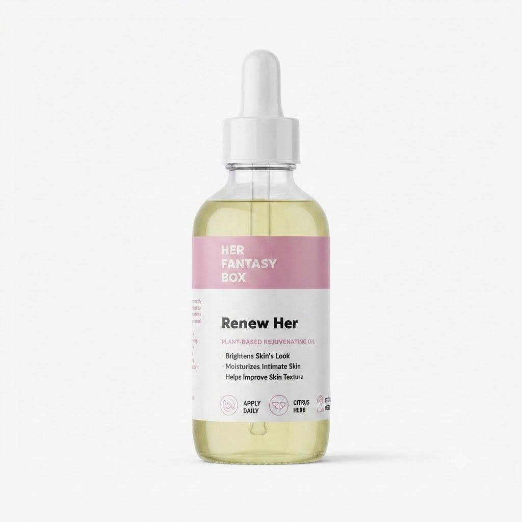 Aceite rejuvenecedor natural Renew Her, diseñado para hidratar la piel íntima y mejorar su textura.