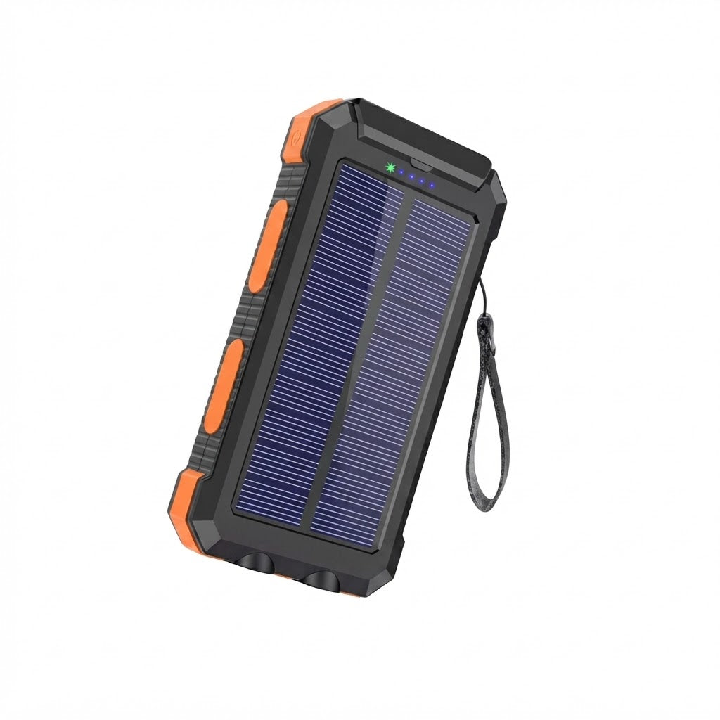 Cargador portátil de batería externa con panel solar y linterna integrada para uso en exteriores.