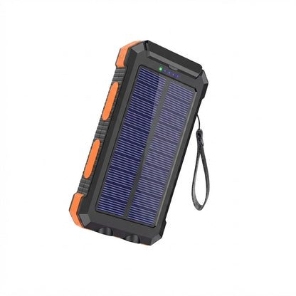 Cargador portátil de batería externa con panel solar y linterna integrada para uso en exteriores.