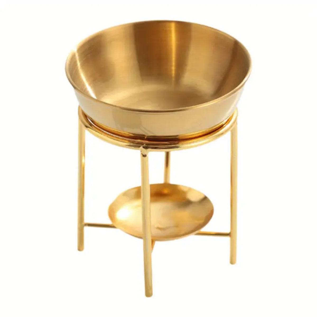 Quemador aromático dorado con recipiente superior y soporte elevado.