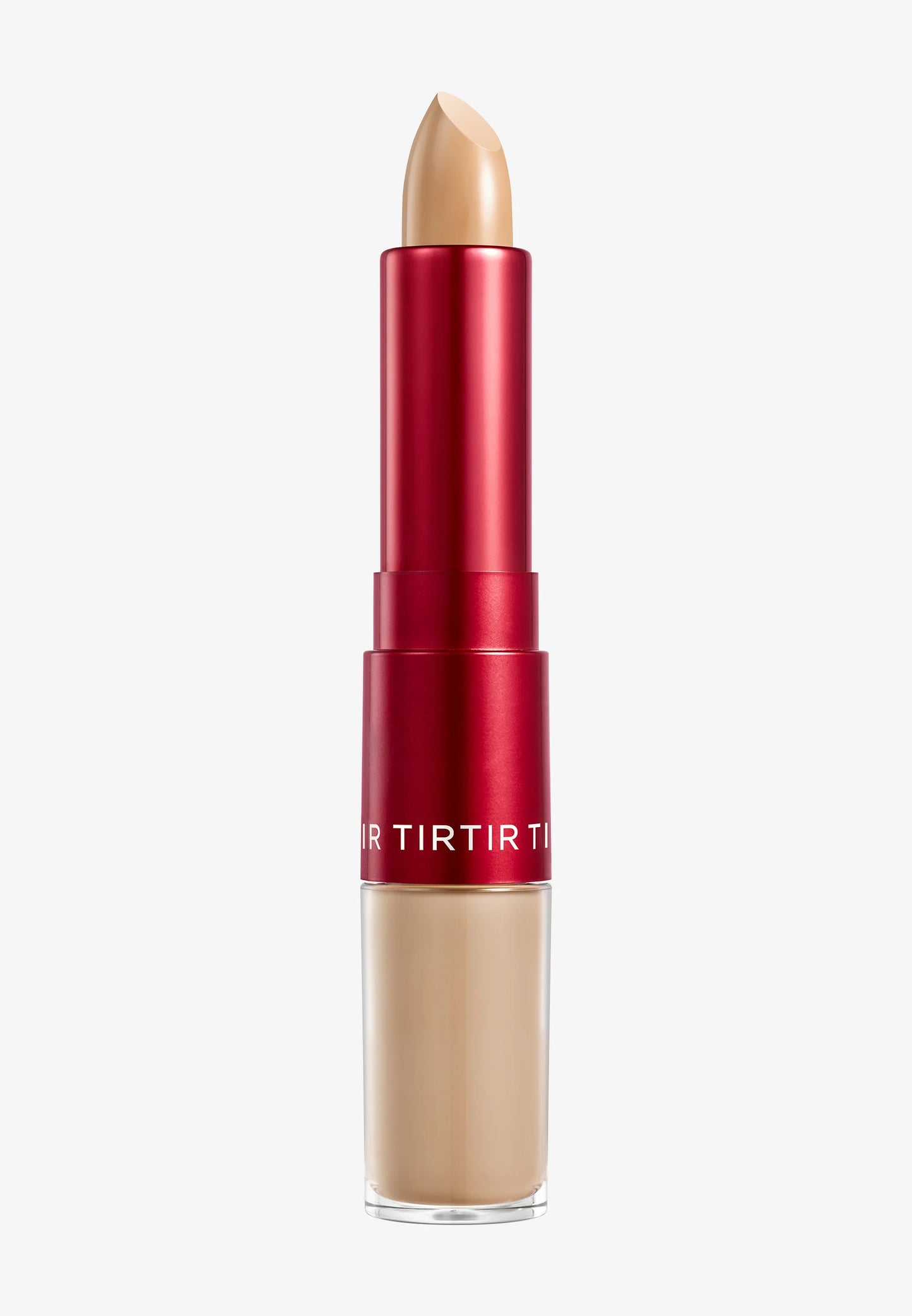 Corrector de dos extremos en un tono beige con un diseño cilíndrico rojo.
