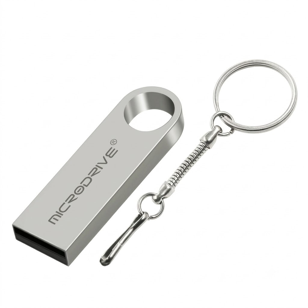 Memoria USB  con un diseño metálico giratorio y un llavero.