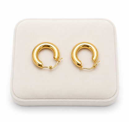 Aretes de aro grueso con diseño redondo color dorado.