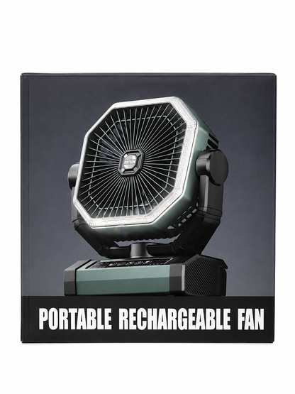 Ventilador Portátil Recargable con Base Ajustable y Panel de Control.