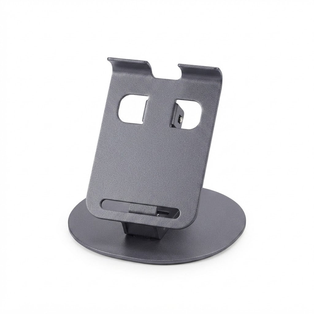 Soporte metálico ajustable y giratorio de 360° para teléfono celular o tablet.