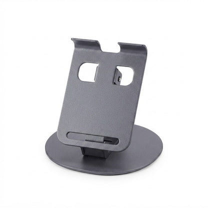 Soporte metálico ajustable y giratorio de 360° para teléfono celular o tablet.