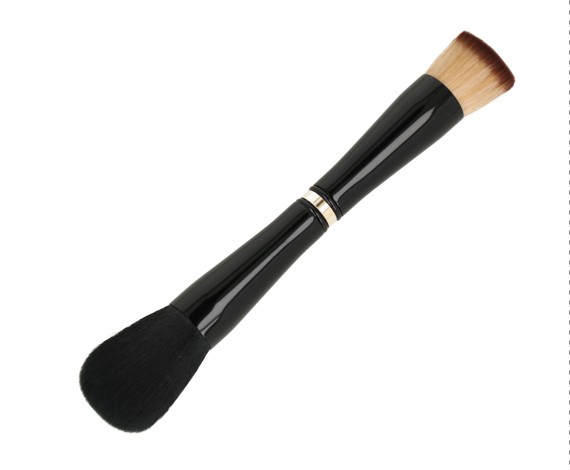 Brocha de maquillaje de doble punta con mango negro, ideal para viajes o aplicaciones versátiles.