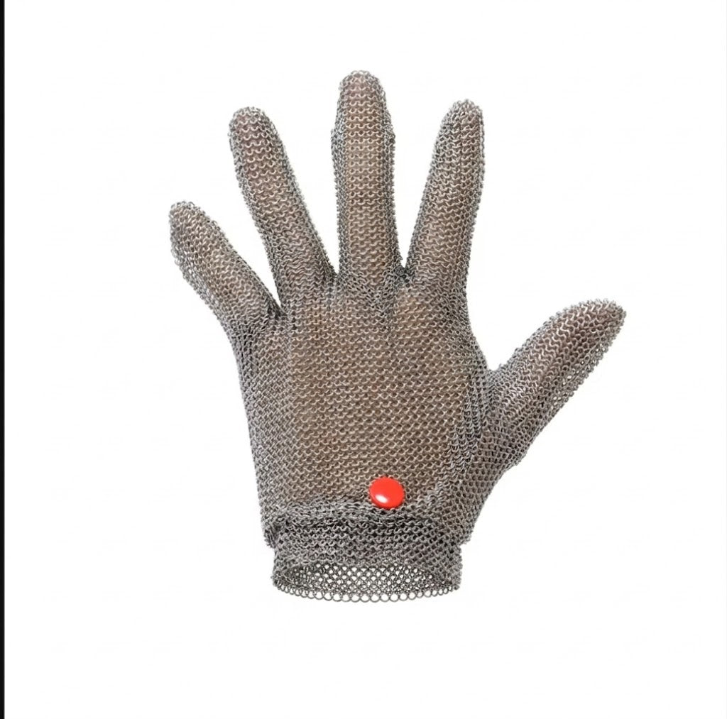 Guante de malla metálica resistente a cortes está fabricado con anillos de acero inoxidable, ofreciendo protección para carniceros y aplicaciones industriale.