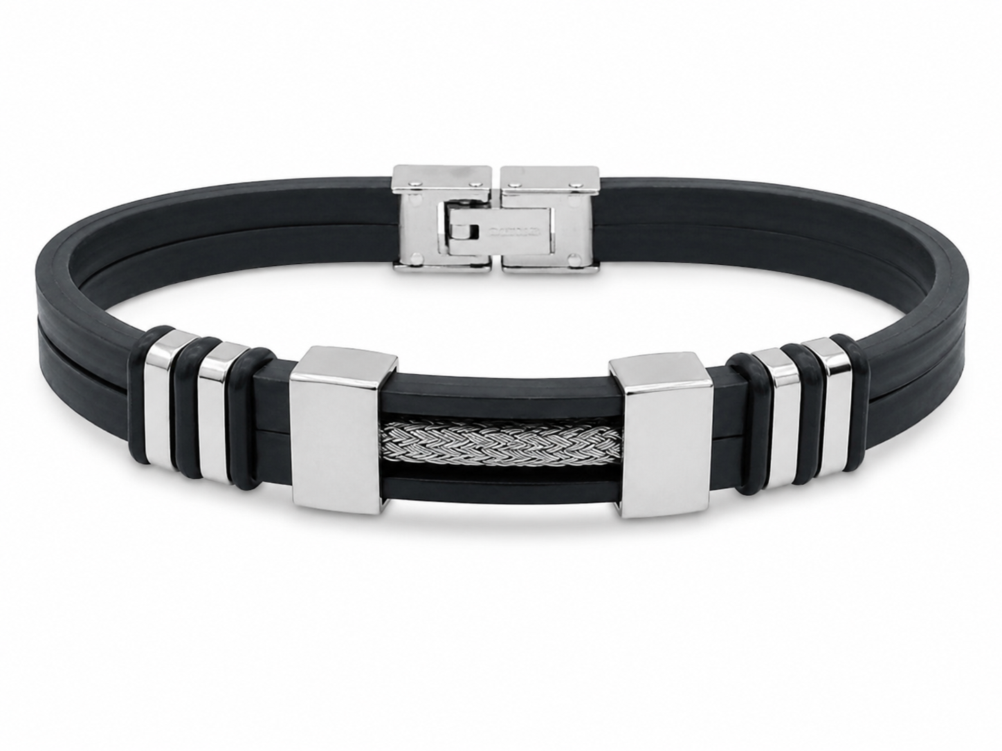 Pulsera Masculina de Silicona Negra con Detalles Metálicos.