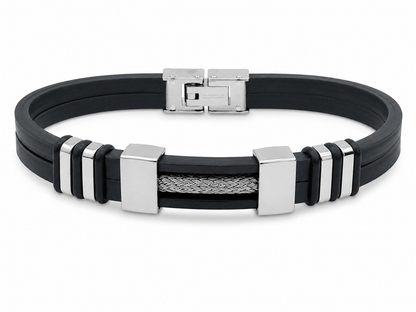 Pulsera Masculina de Silicona Negra con Detalles Metálicos.