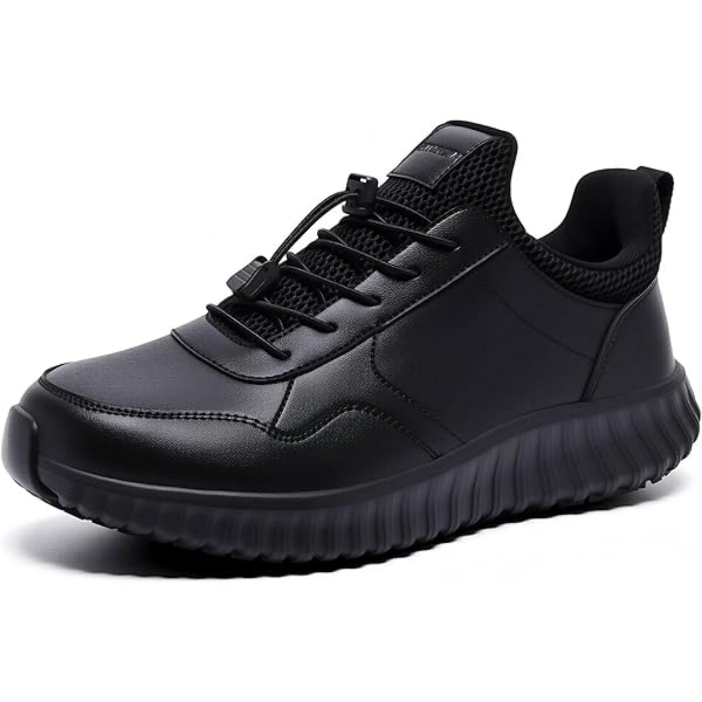 Tenis deportivos negros con suela flexible y cordones elásticos, talla 8.