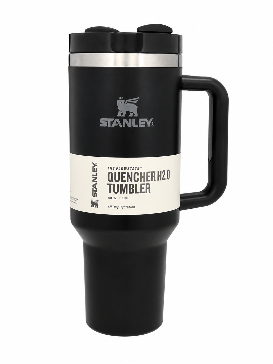 Vaso térmico negro de 40 oz con asa y tapa.
