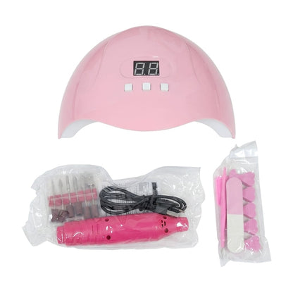 Kit de manicura incluye una lámpara LED UV rosa con pantalla digital y temporizador, y taladro eléctrico para uñas.