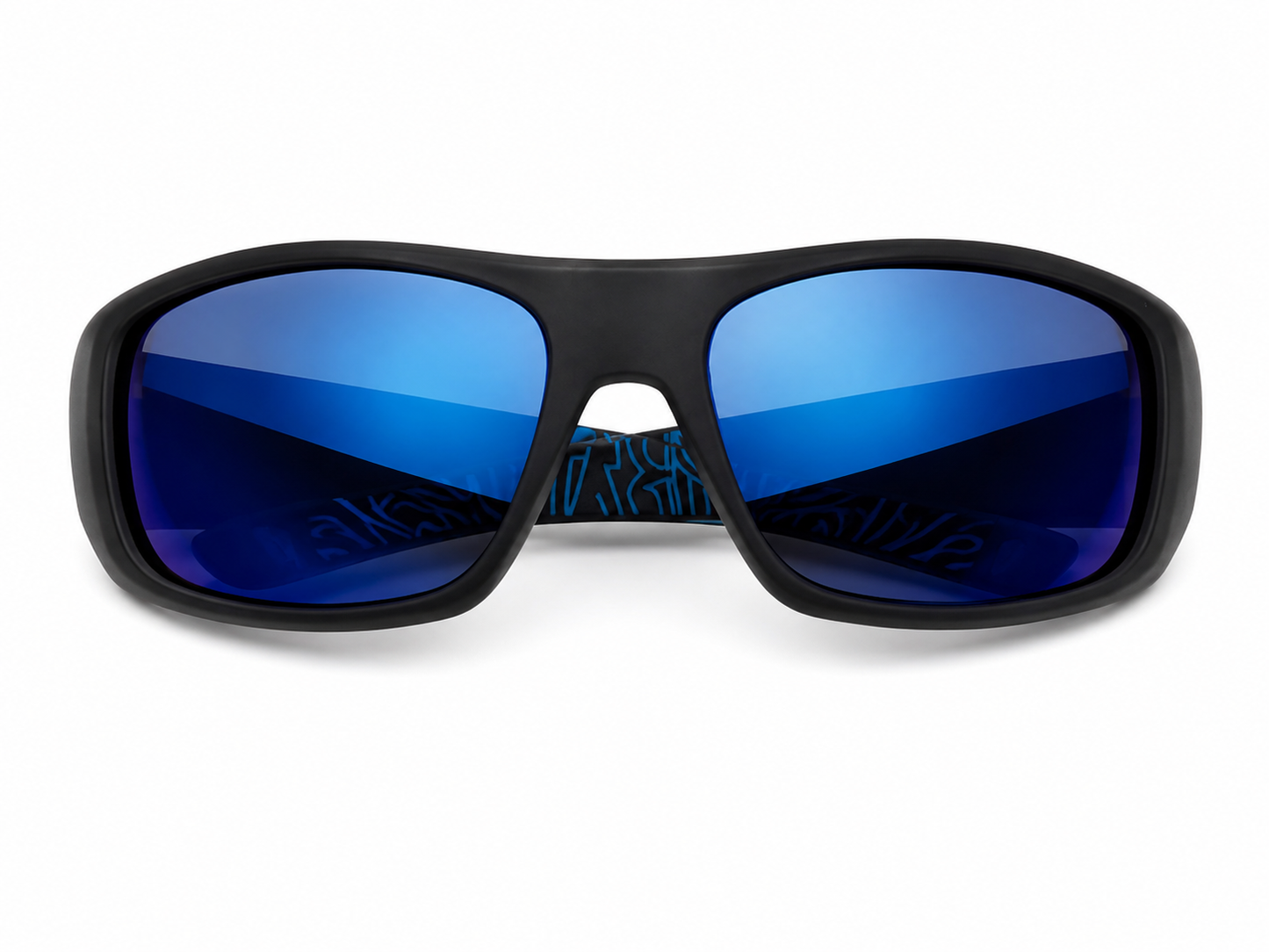 Gafas de sol deportivas con lentes espejo azules y montura negra.