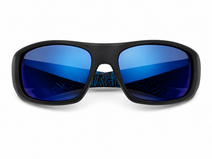 Gafas de sol deportivas con lentes espejo azules y montura negra.