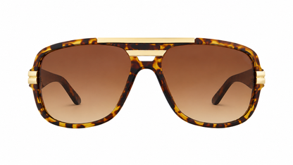 Lentes de sol estilo aviador con montura carey, detalles dorados y lentes marrones.