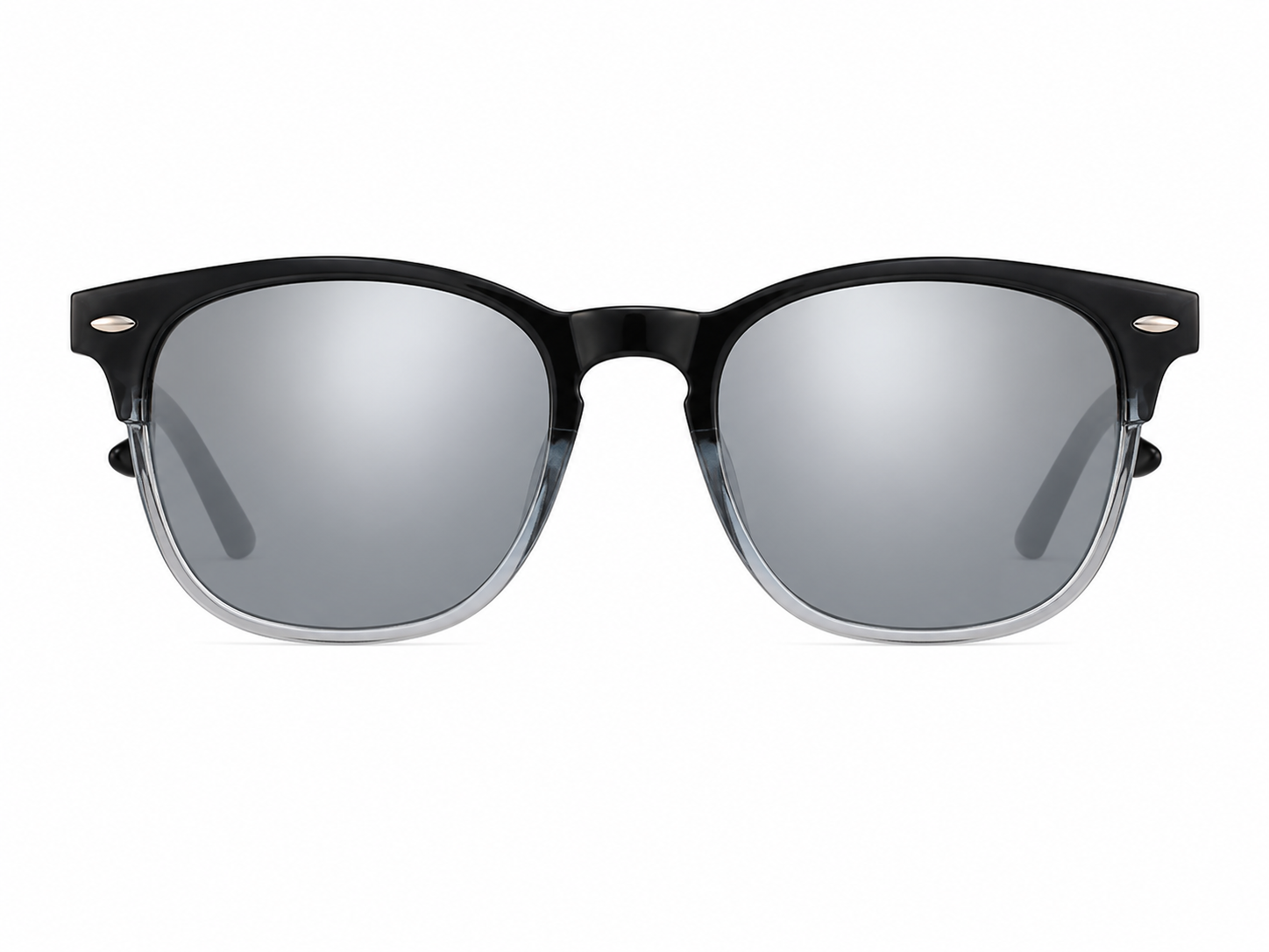 Gafas de sol unisex con montura negra y transparente y lentes ahumados.
