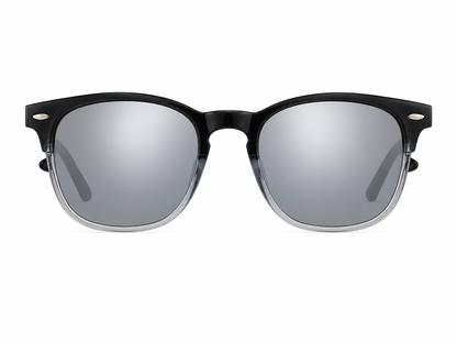 Gafas de sol unisex con montura negra y transparente y lentes ahumados.