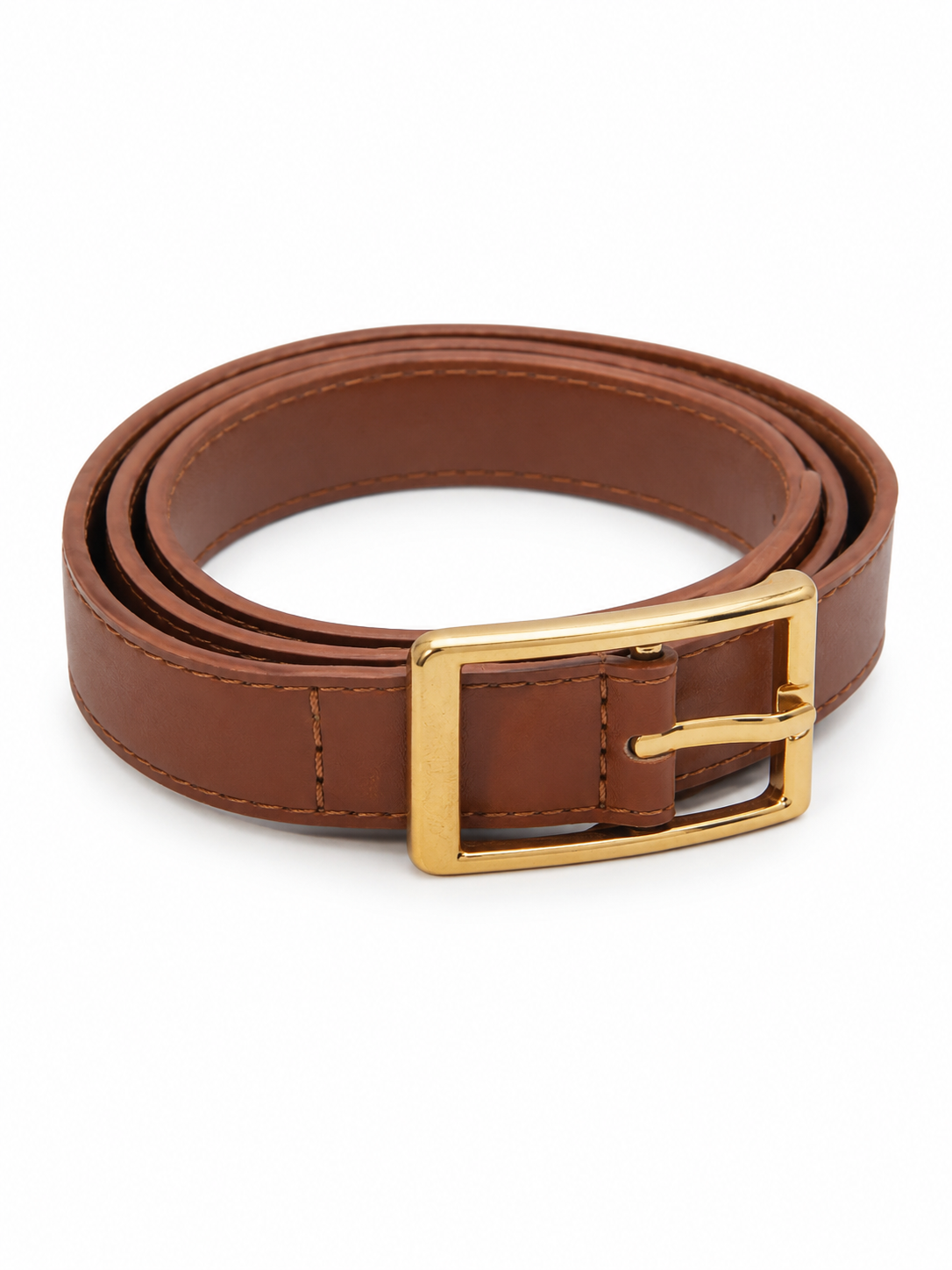 Cinturón Delgado Color Marrón con Hebilla Rectangular Dorada.