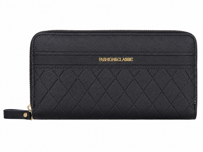 Cartera Larga para Mujer con Cierre de Cremallera Completa, Diseño Acolchado en Relieve, Múltiples Compartimentos y Acabado Negro.