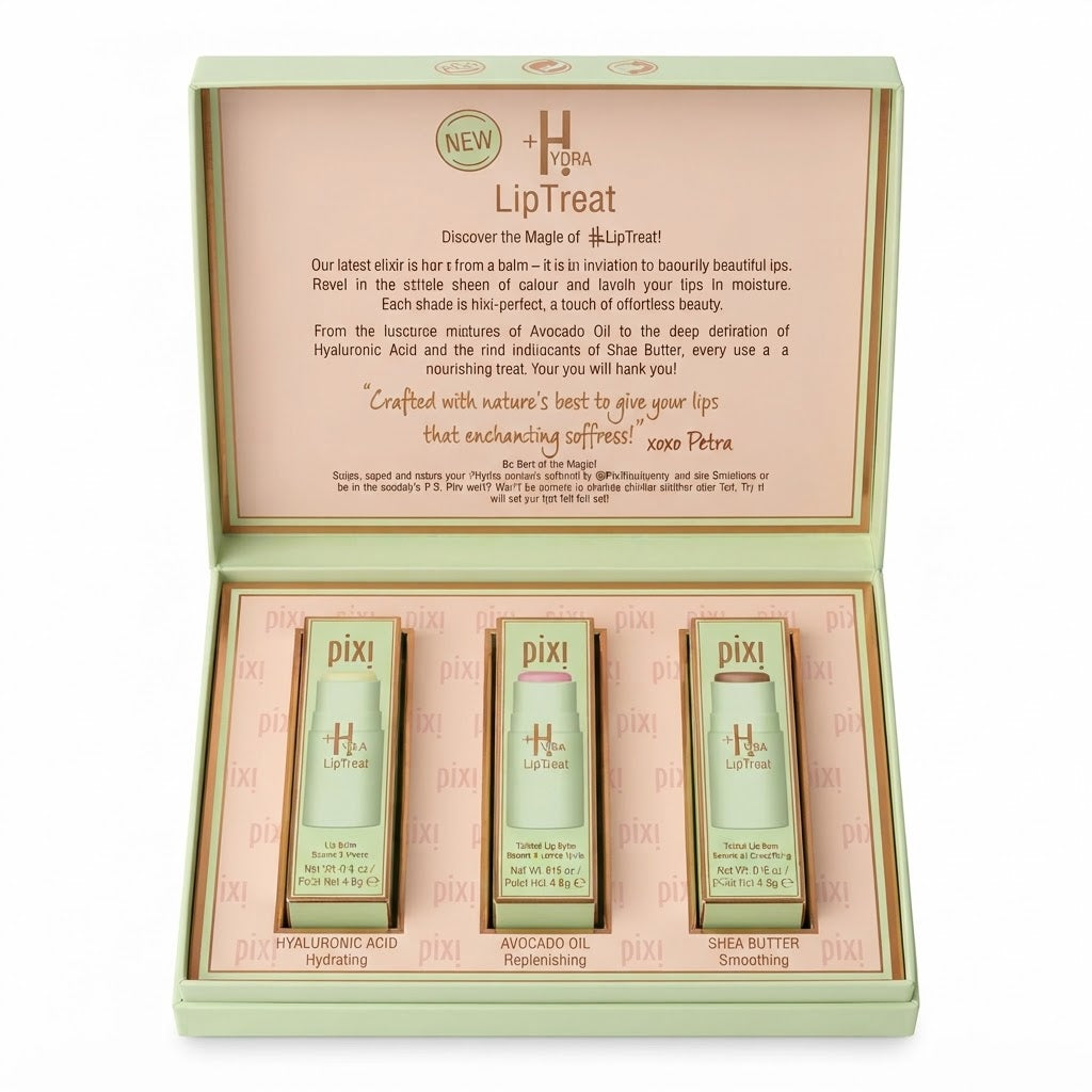 Set de trío de bálsamos labiales hidratantes con ingredientes como ácido hialurónico, aceite de aguacate.
