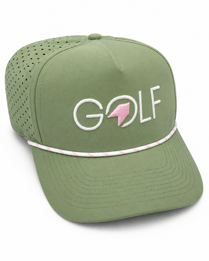 Gorra de Golf Verde con Bordado Blanco y Detalle Rosa.