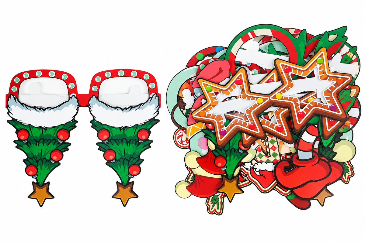 Set de 12 gafas navideñas decorativas con diseños variados y coloridos.