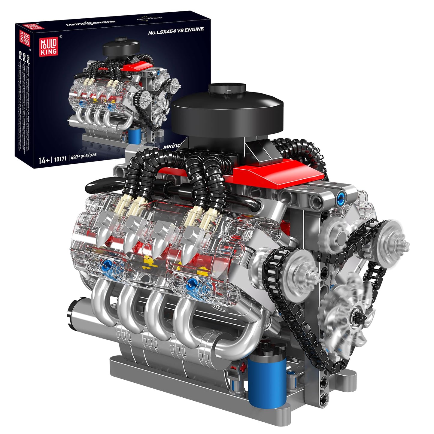 Kit de bloques de construcción técnicos que simula un motor de combustión interna de 8 cilindros.