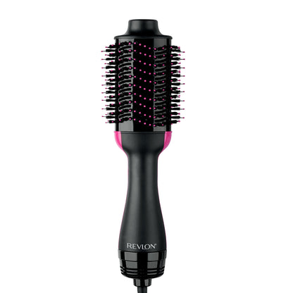 Aparato eléctrico para el cuidado del cabello que combina un secador de aire caliente y un cepillo estilizador en un solo paso.