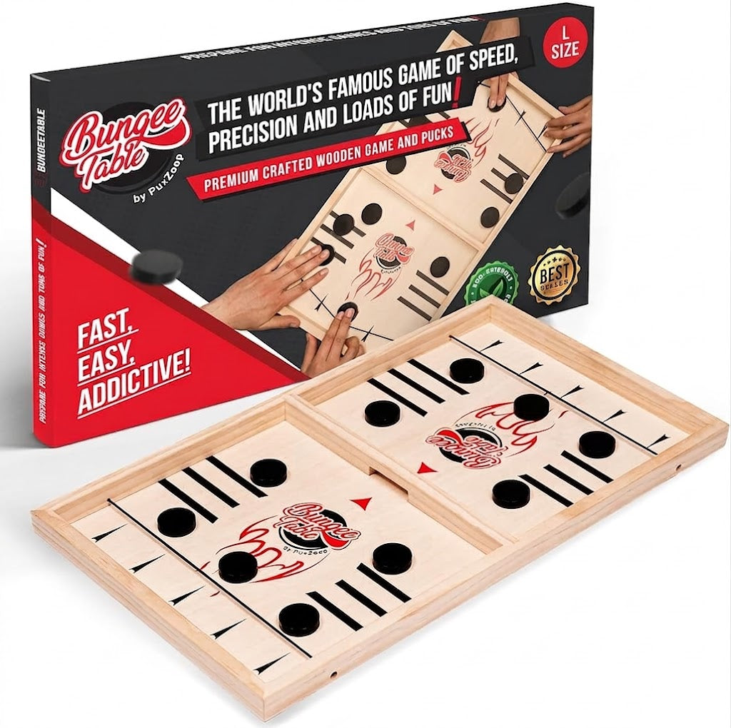 Juego de mesa de madera para dos jugadores se caracteriza por su ritmo rápido y el uso de bandas elásticas para lanzar