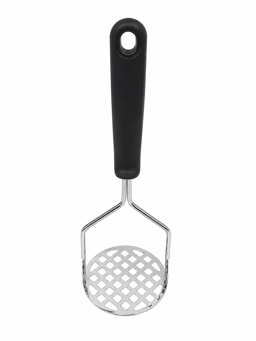 Prensador manual para papas con mango ergonómico negro y diseño redondo.