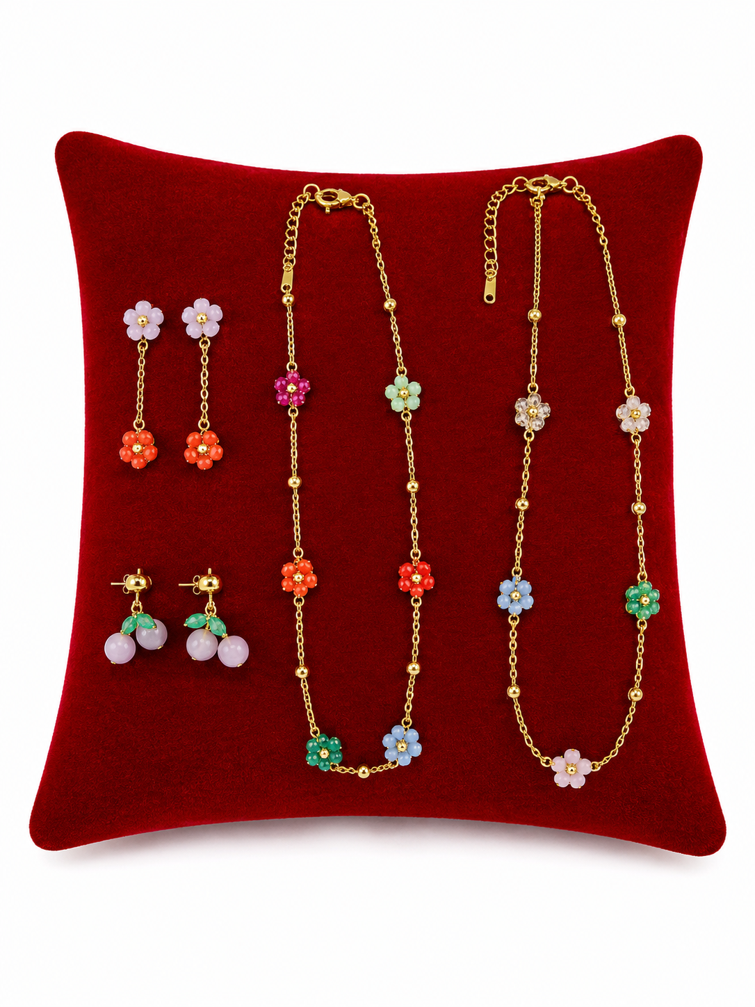Set de Joyería Floral con Collares y Aretes en Color Dorado, 6 Piezas.