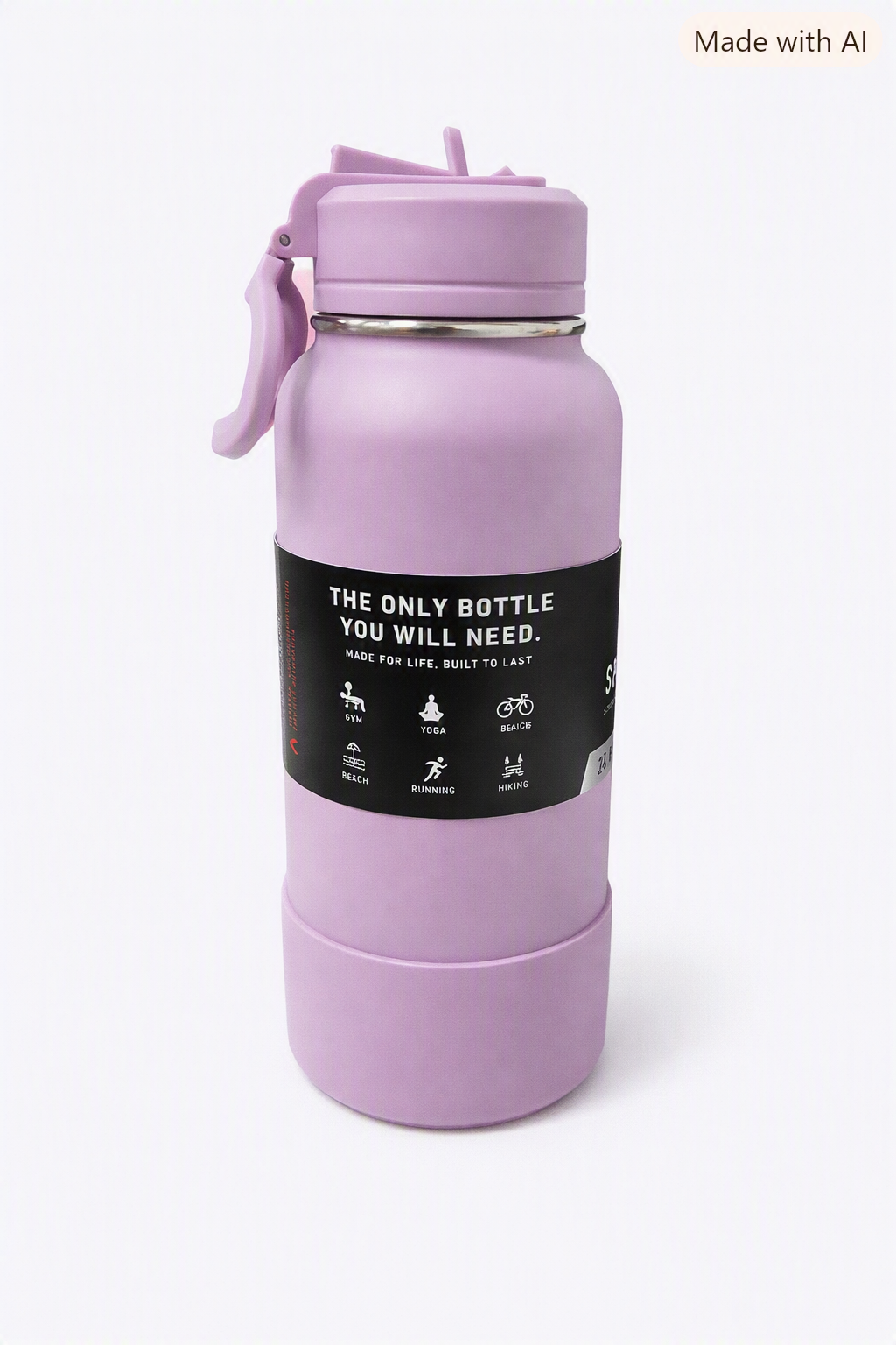 Botella de agua deportiva aislada en color lila con base protectora de silicó.