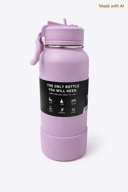 Botella de agua deportiva aislada en color lila con base protectora de silicó.