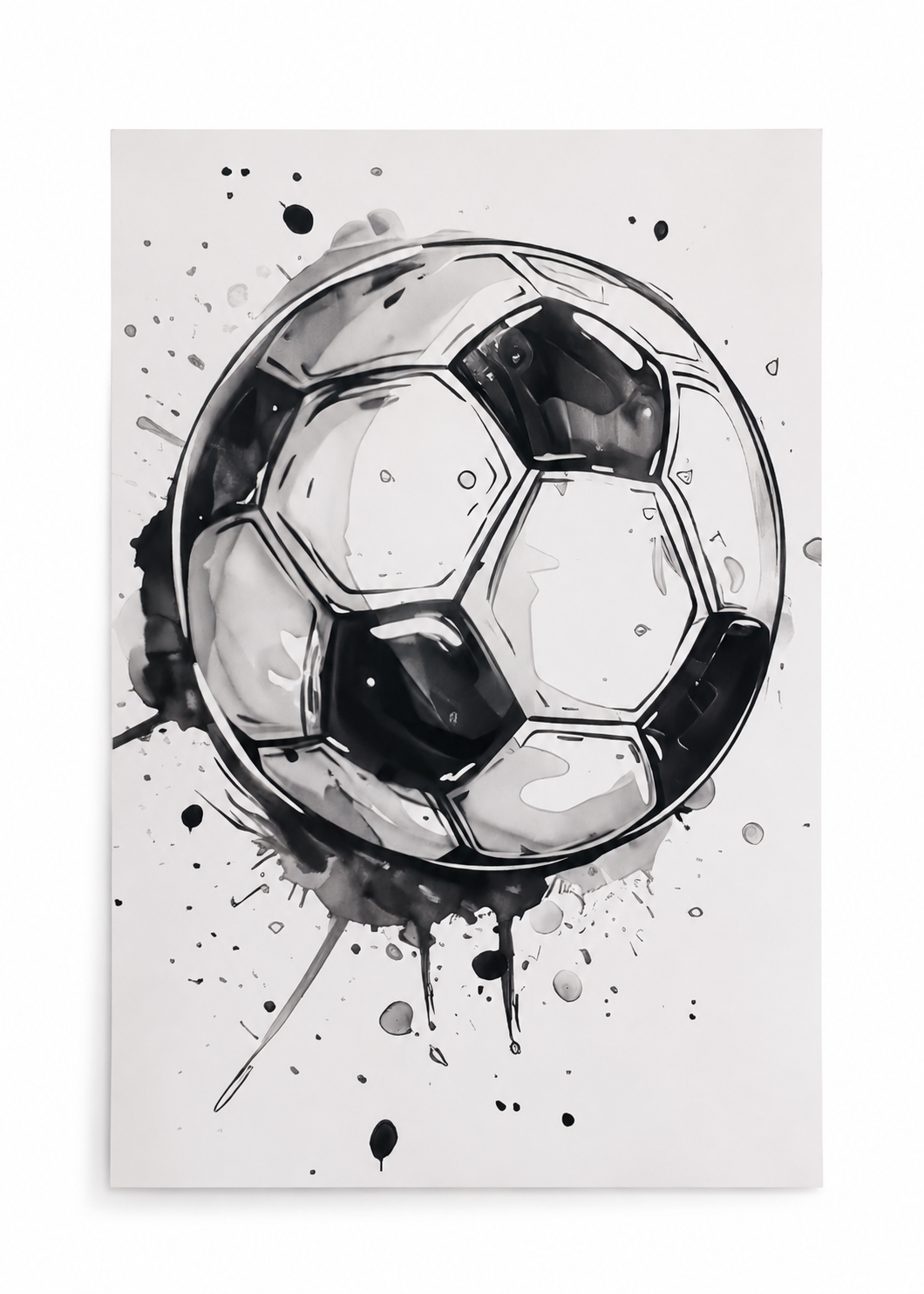 Póster Decorativo de Balón de Fútbol en Estilo Acuarela Blanco y Negro 50 x 70 cm.