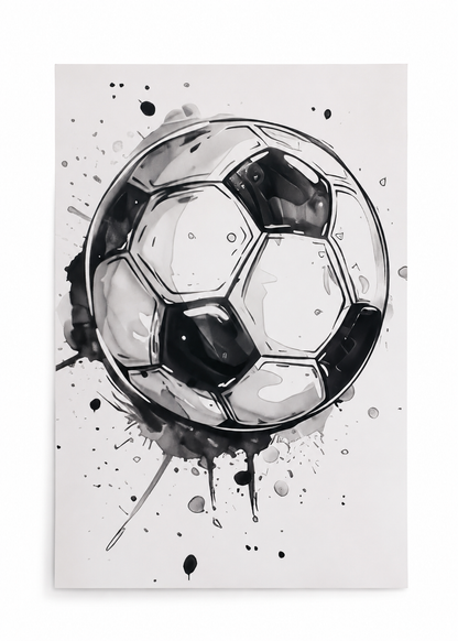 Póster Decorativo de Balón de Fútbol en Estilo Acuarela Blanco y Negro 50 x 70 cm.