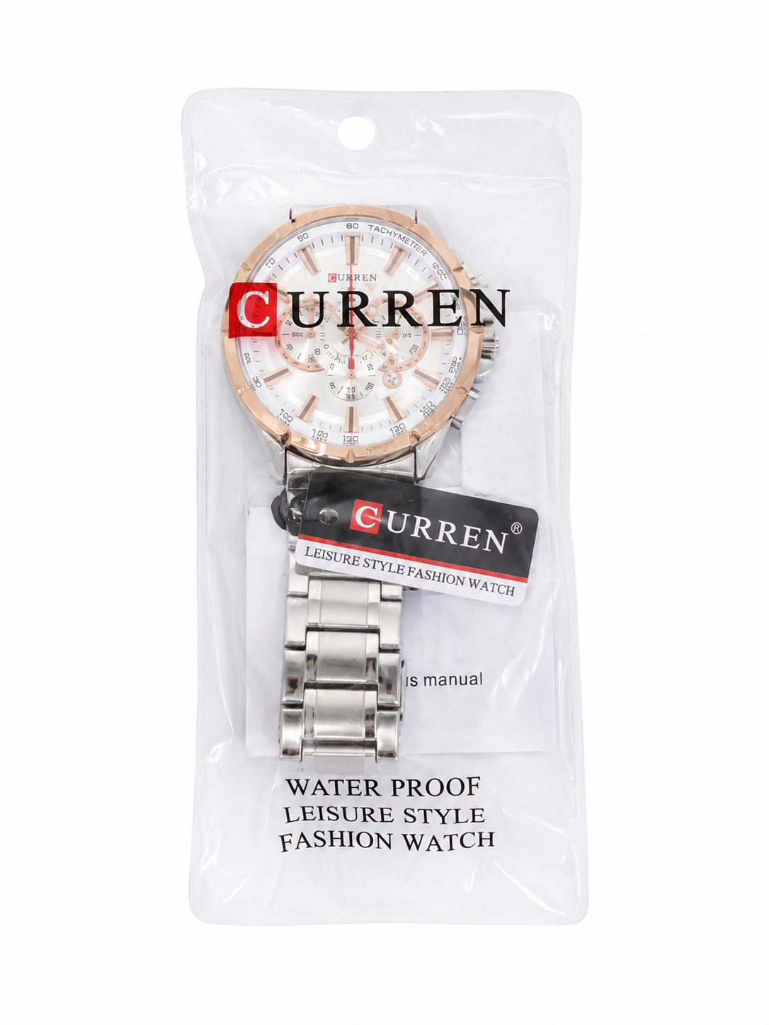 Reloj analógico de pulsera con brazalete metálico plateado y detalles en color oro rosa.